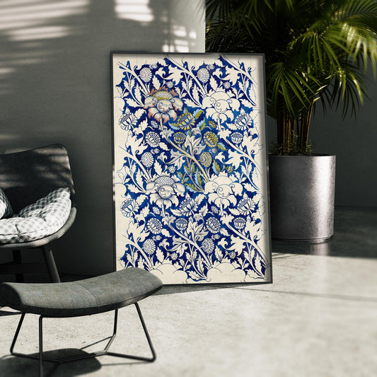 Blue Botanical Pattern poster, framed in an outdoor setting