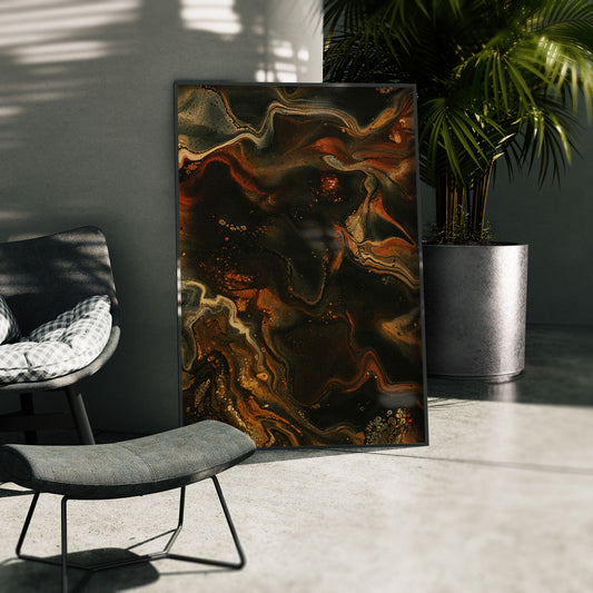 Copper Flow – Abstrakte Fluid-Art Poster, gerahmt in einer Aussenkulisse