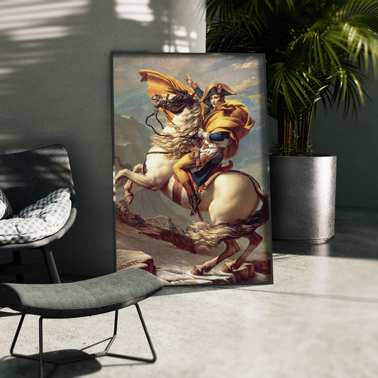 Napoleon Crossing the Alps poster, framed in an outdoor setting