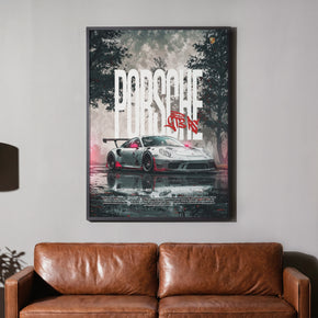 Performance auf Asphalt - Porsche GT3 RS Poster, gerahmt über einem braunen Ledersofa