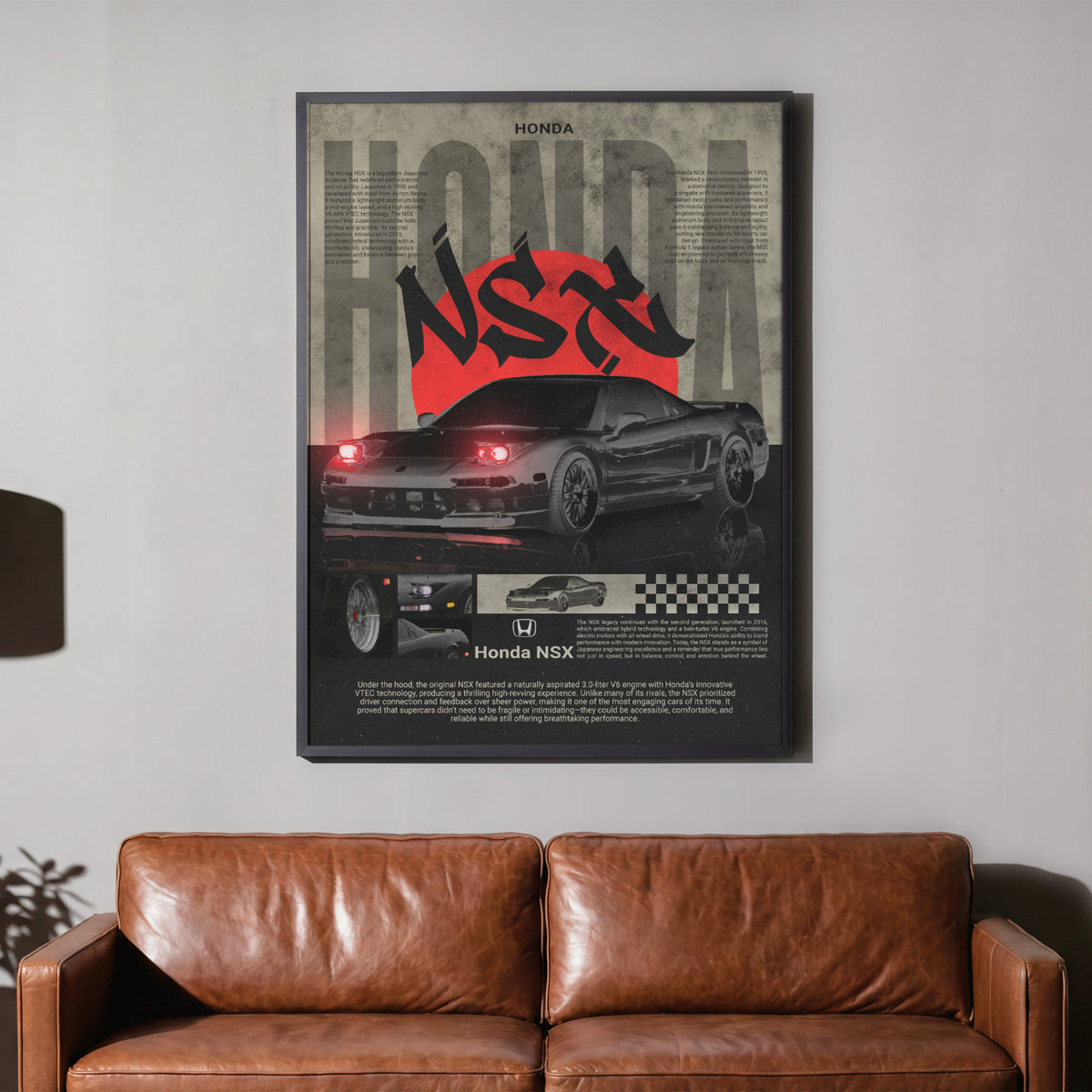 Japanischer Supersportwagen - Honda NSX Poster, gerahmt über einem braunen Ledersofa