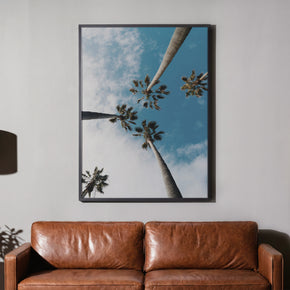 Palm Trees Sky View poster, framed above a brown leather couch