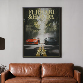 Rivalen der Strasse - Ferrari F40 x Honda NSX Poster, gerahmt über einem braunen Ledersofa