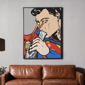 Superheld - Laser Feuer Poster, gerahmt über einem braunen Ledersofa