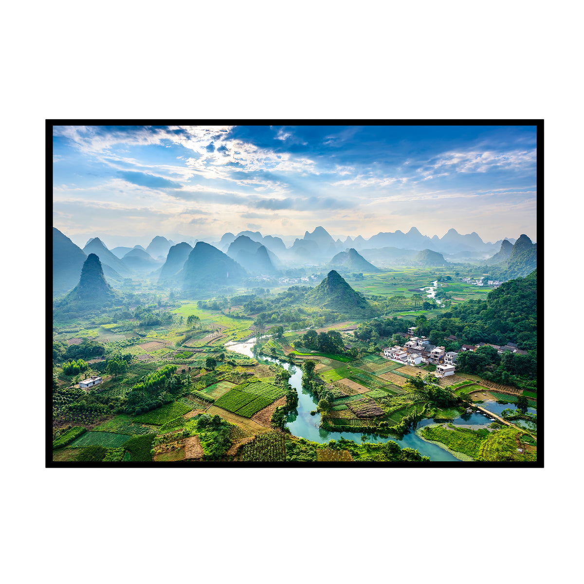 Guilin Landschaft - Li-Fluss Karstberge Poster, Nahaufnahme des Drucks im schmalen schwarzen Rahmen