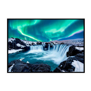 Nordlichter Island - Natur-Lightshow Poster, Nahaufnahme des Drucks im schmalen schwarzen Rahmen