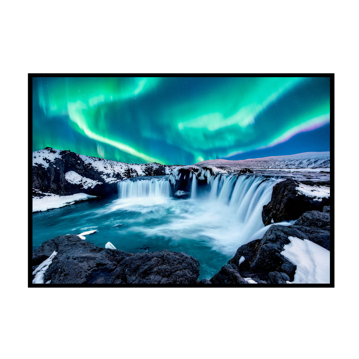 Nordlichter Island - Natur-Lightshow Poster, Nahaufnahme des Drucks im schmalen schwarzen Rahmen