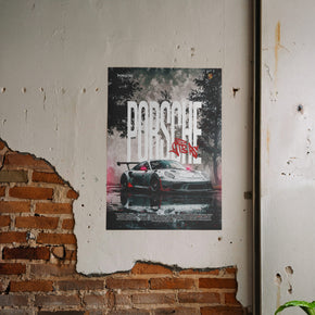 Performance auf Asphalt - Porsche GT3 RS Poster, gerahmt an einer rauen Verputzwand