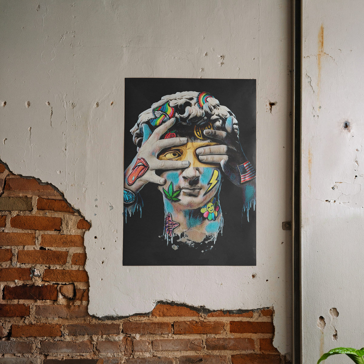 Geblendete Wahrheit - Modernes Pop-Art David Poster, gerahmt an einer rauen Verputzwand