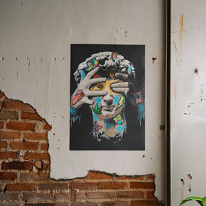 Geblendete Wahrheit - Modernes Pop-Art David Poster, gerahmt an einer rauen Verputzwand