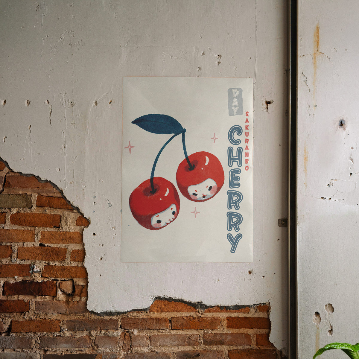 Kirschen Tag - Kawaii Sakuranbo Poster, gerahmt an einer rauen Verputzwand