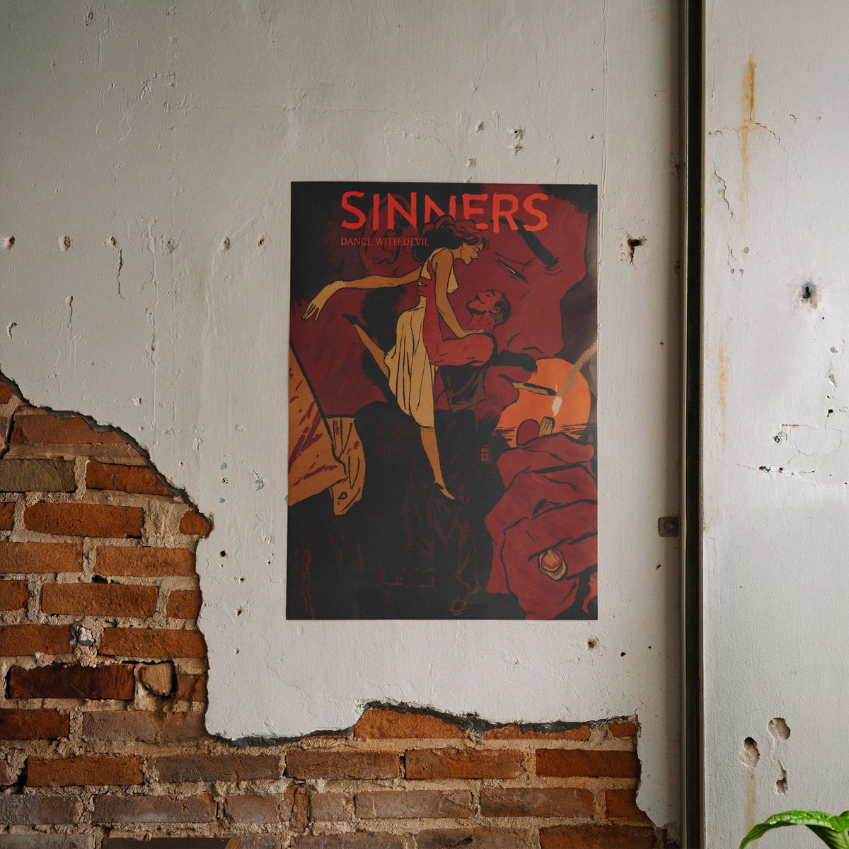 Dance with Devil - Pulp Illustration Poster, gerahmt an einer rauen Verputzwand