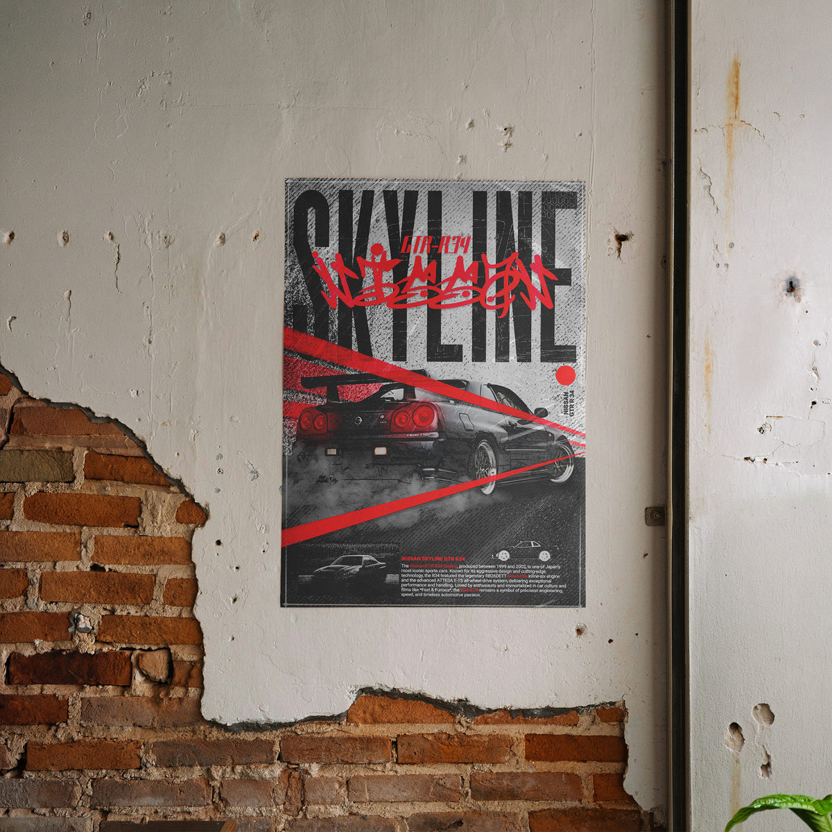 JDM Legende - GTR R34 Skyline Poster, gerahmt an einer rauen Verputzwand