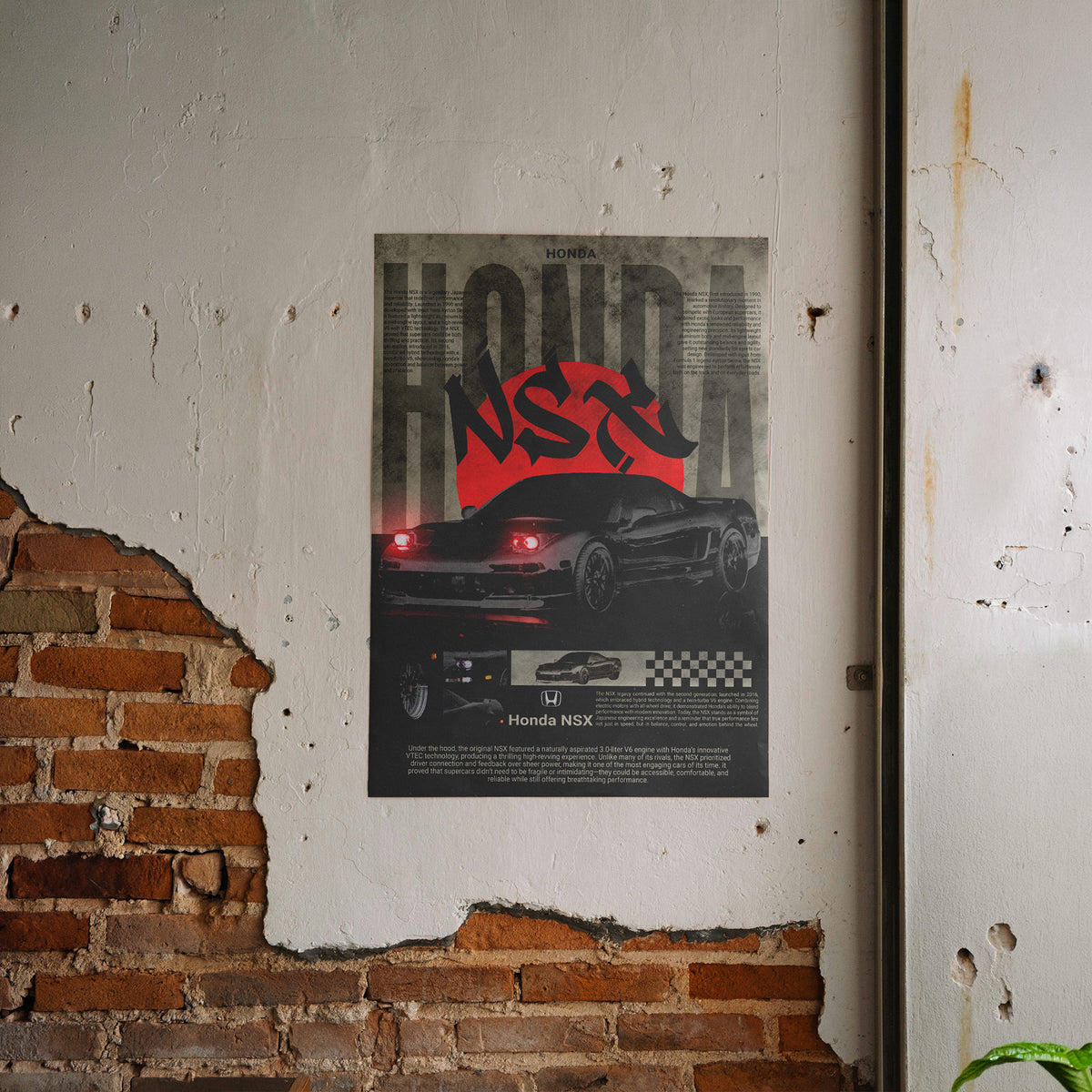 Japanischer Supersportwagen - Honda NSX Poster, gerahmt an einer rauen Verputzwand