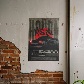 Japanischer Supersportwagen - Honda NSX Poster, gerahmt an einer rauen Verputzwand