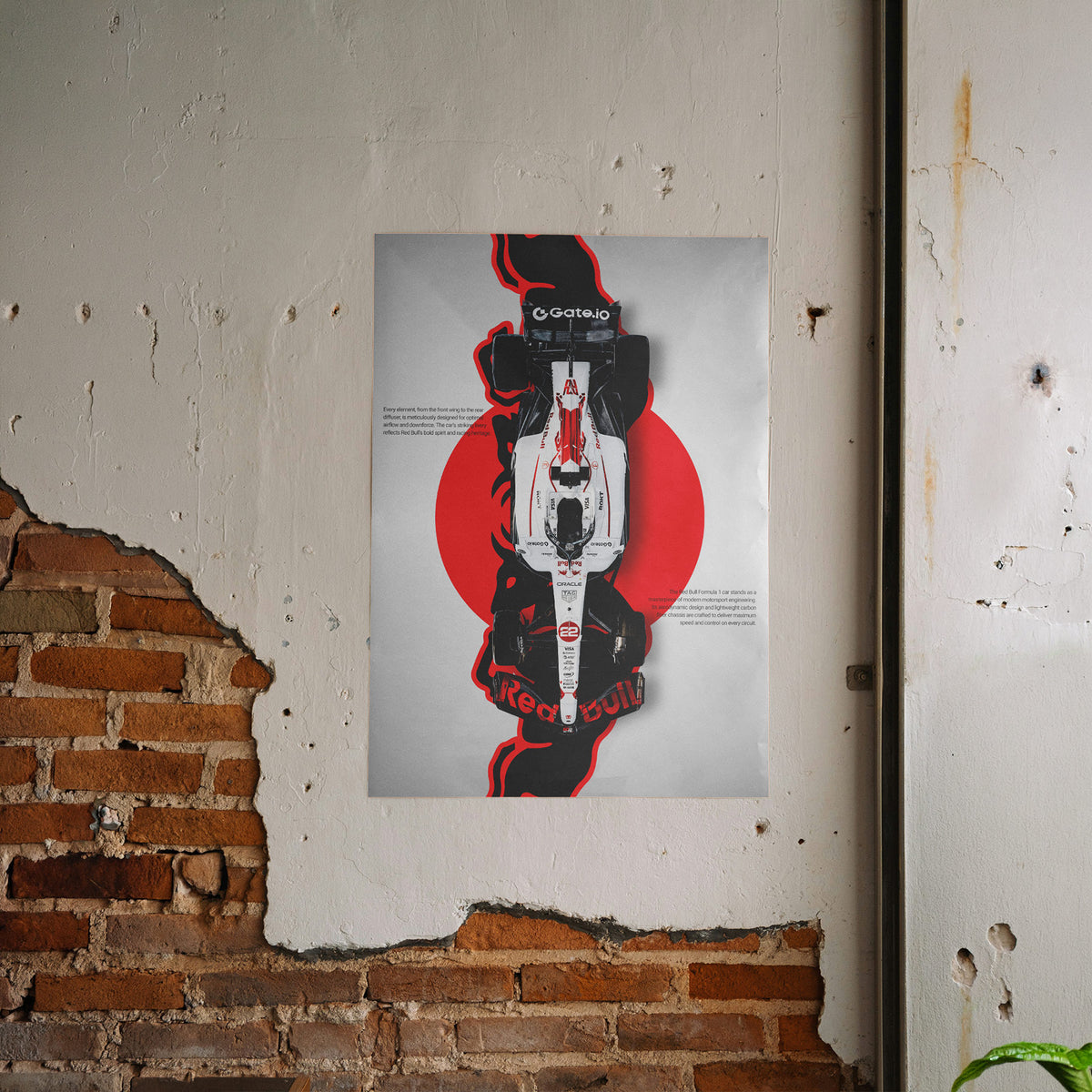 Red Bull F1 - Ingenieurskunst von oben Poster, gerahmt an einer rauen Verputzwand