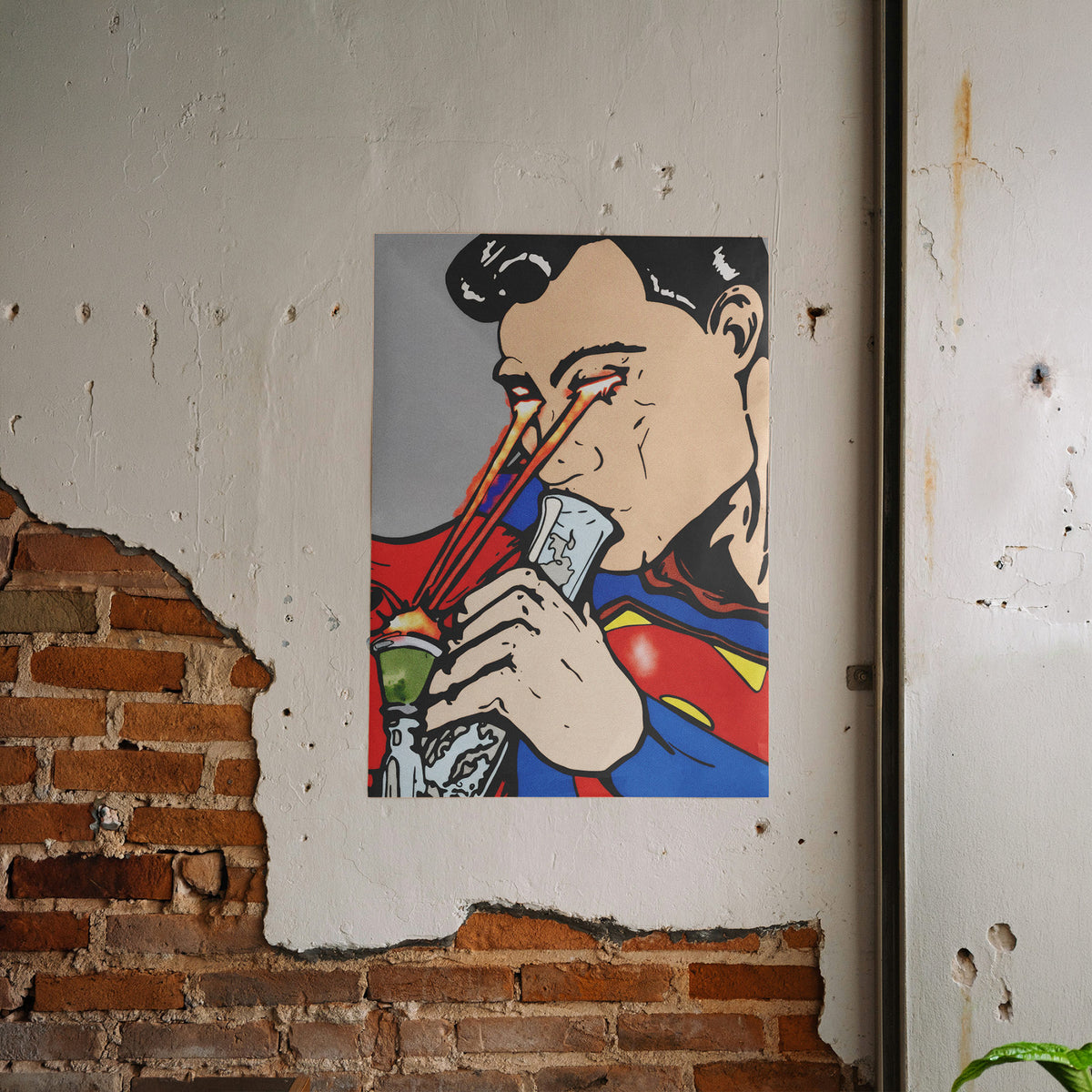 Superheld - Laser Feuer Poster, gerahmt an einer rauen Verputzwand