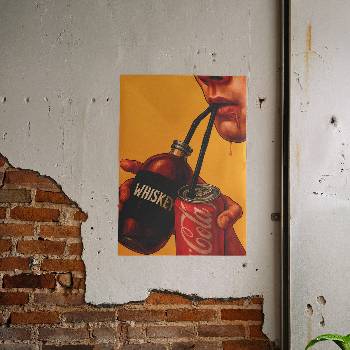 Whiskey & Cola - Durstlöscher Poster, gerahmt an einer rauen Verputzwand