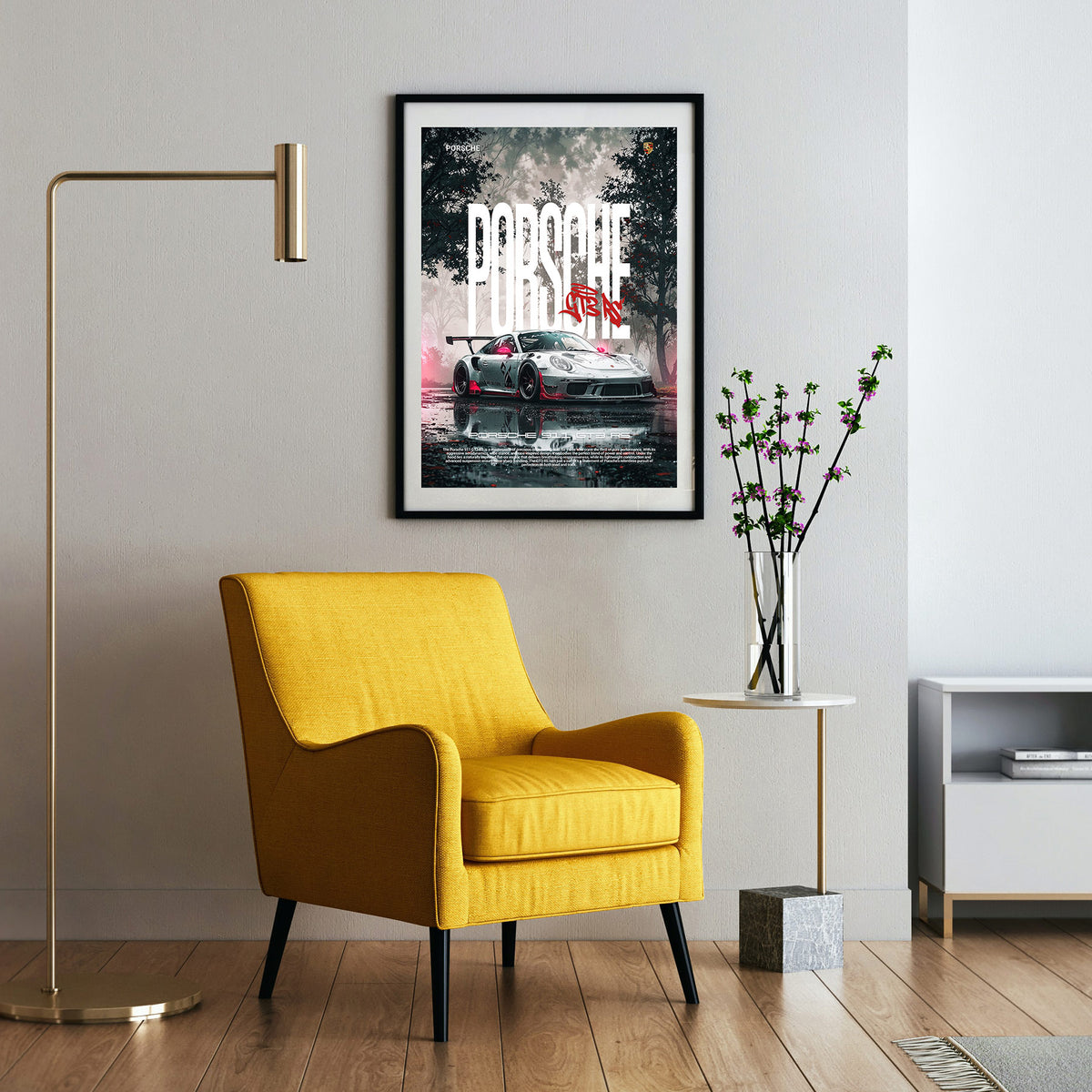 Performance auf Asphalt - Porsche GT3 RS Poster, gerahmt an einer Wand neben einem Sessel