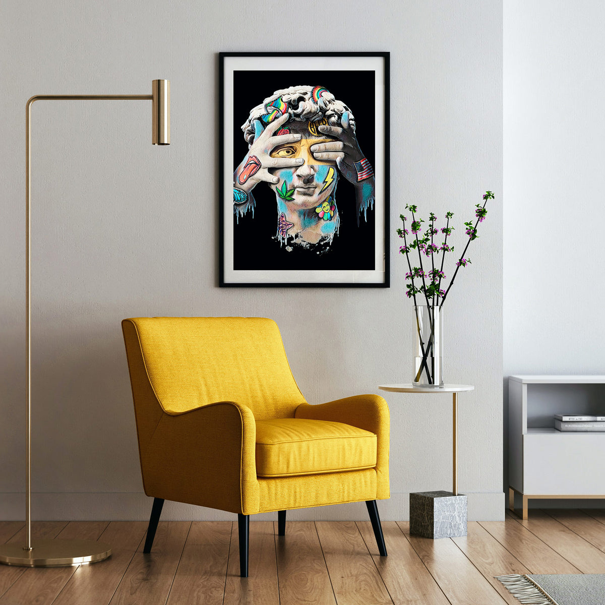 Geblendete Wahrheit - Modernes Pop-Art David Poster, gerahmt an einer Wand neben einem Sessel