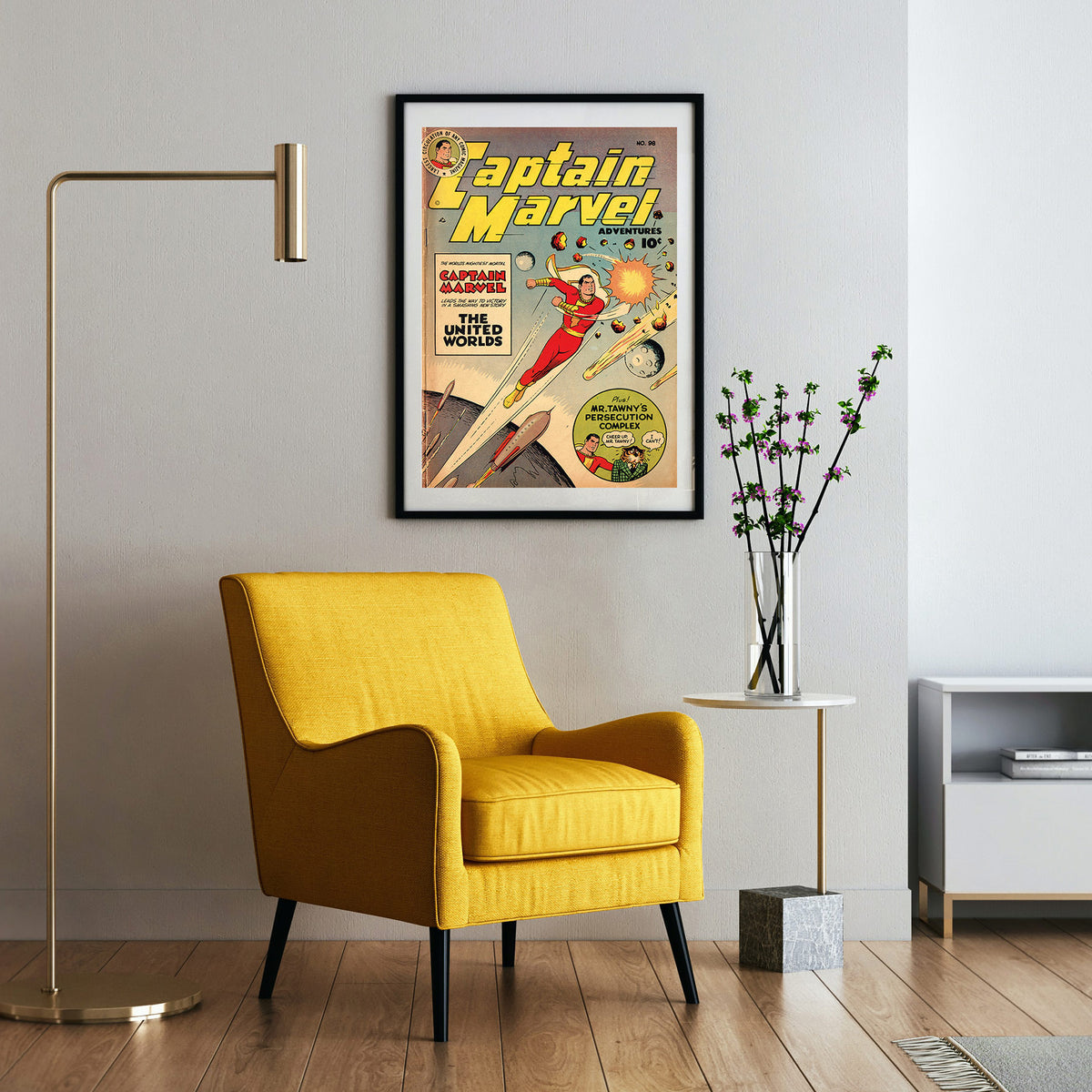 Captain Marvel Adventures No. 98 poster, framed on a wall beside an armchair