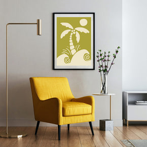 Groovy Wave - Retro Surf Poster, gerahmt an einer Wand neben einem Sessel