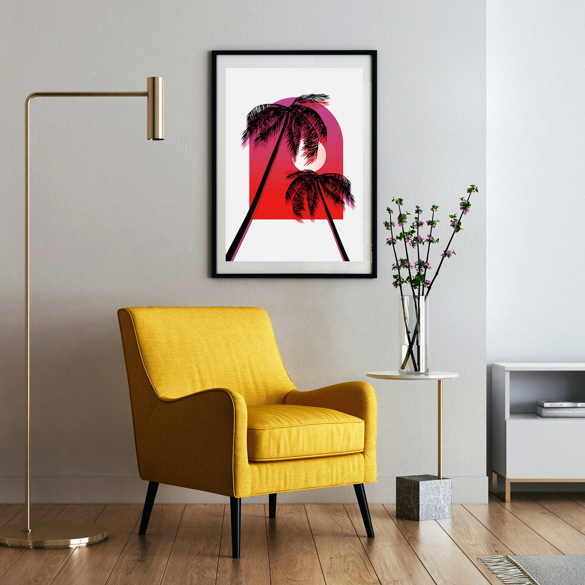 Neon Palm Sunset - Sommerträume Poster, gerahmt an einer Wand neben einem Sessel