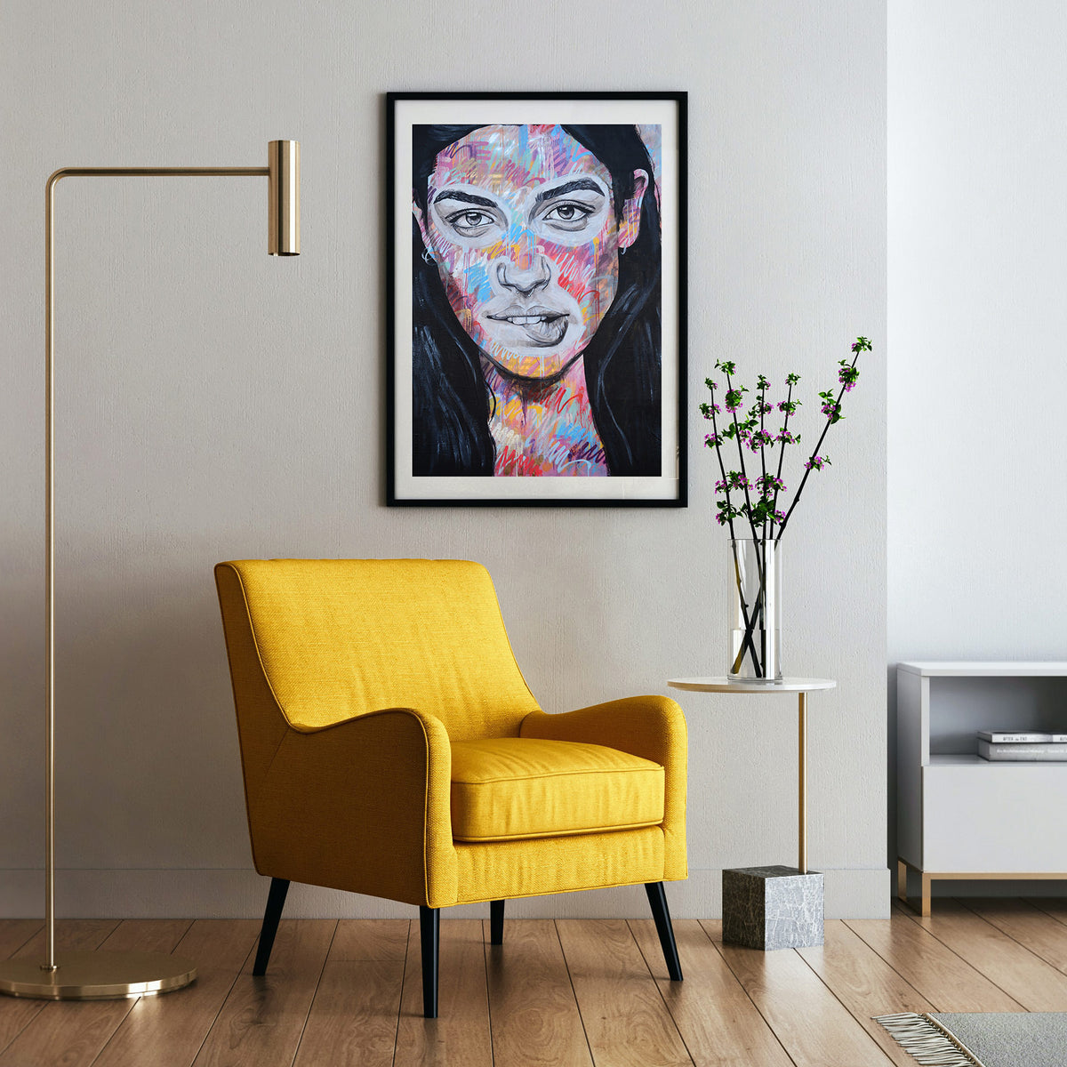 Painted Portrait - Street Art poster, framed on a wall beside an armchair