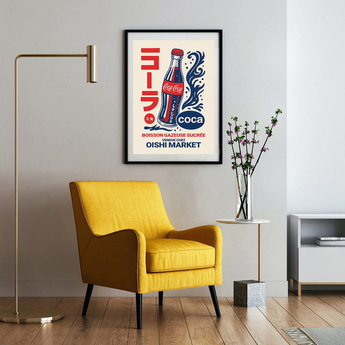 Retro Softdrink - Japanese Pop Art Poster, gerahmt an einer Wand neben einem Sessel