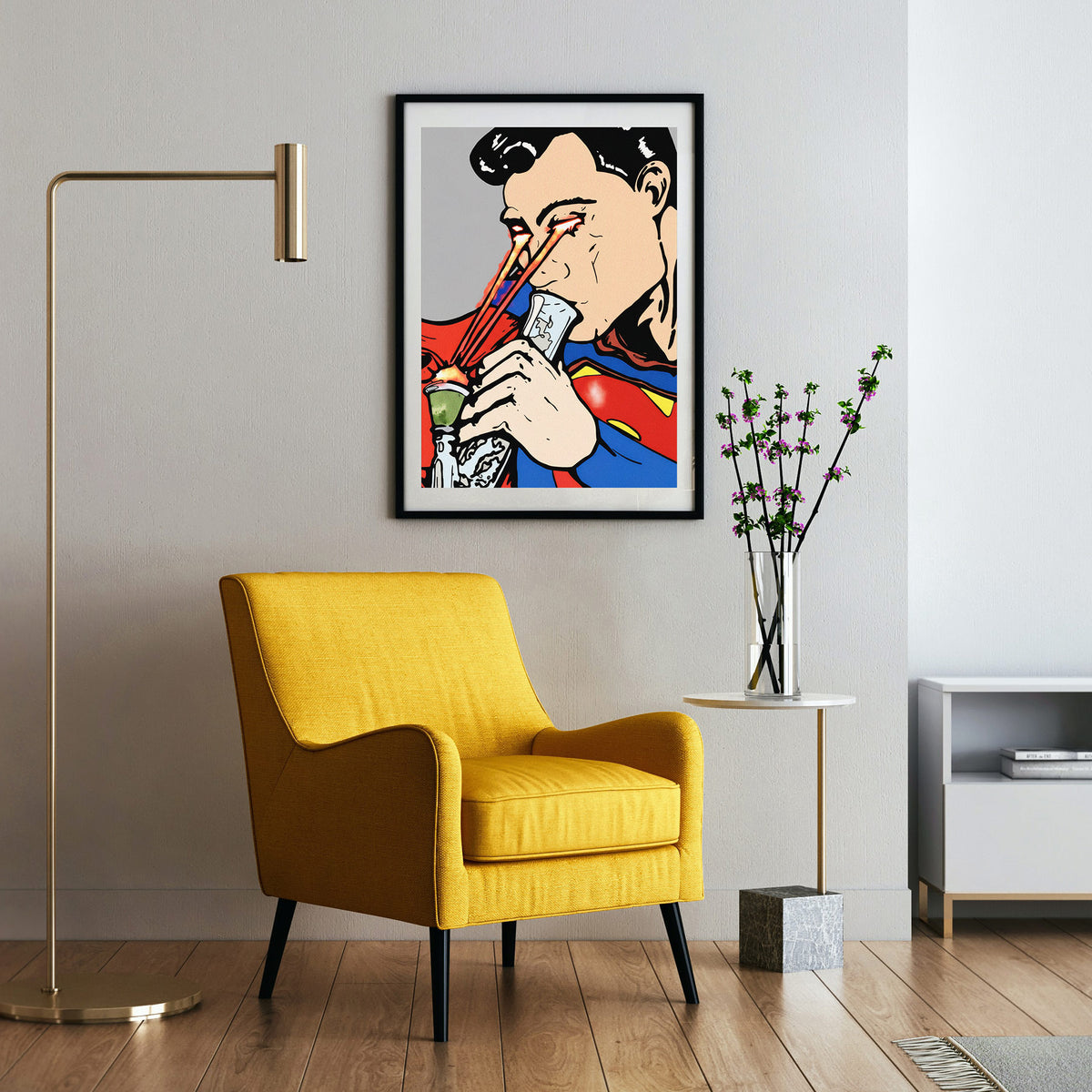 Superheld - Laser Feuer Poster, gerahmt an einer Wand neben einem Sessel