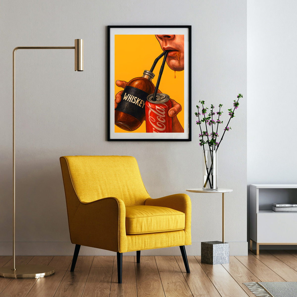 Whiskey & Cola - Durstlöscher Poster, gerahmt an einer Wand neben einem Sessel