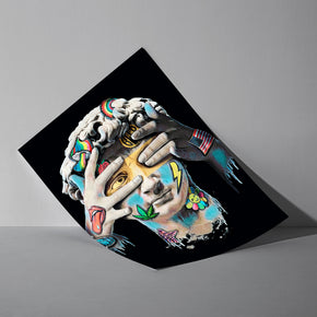 Geblendete Wahrheit - Modernes Pop-Art David Poster, als ungerahmtes Blatt an eine Wand gelehnt