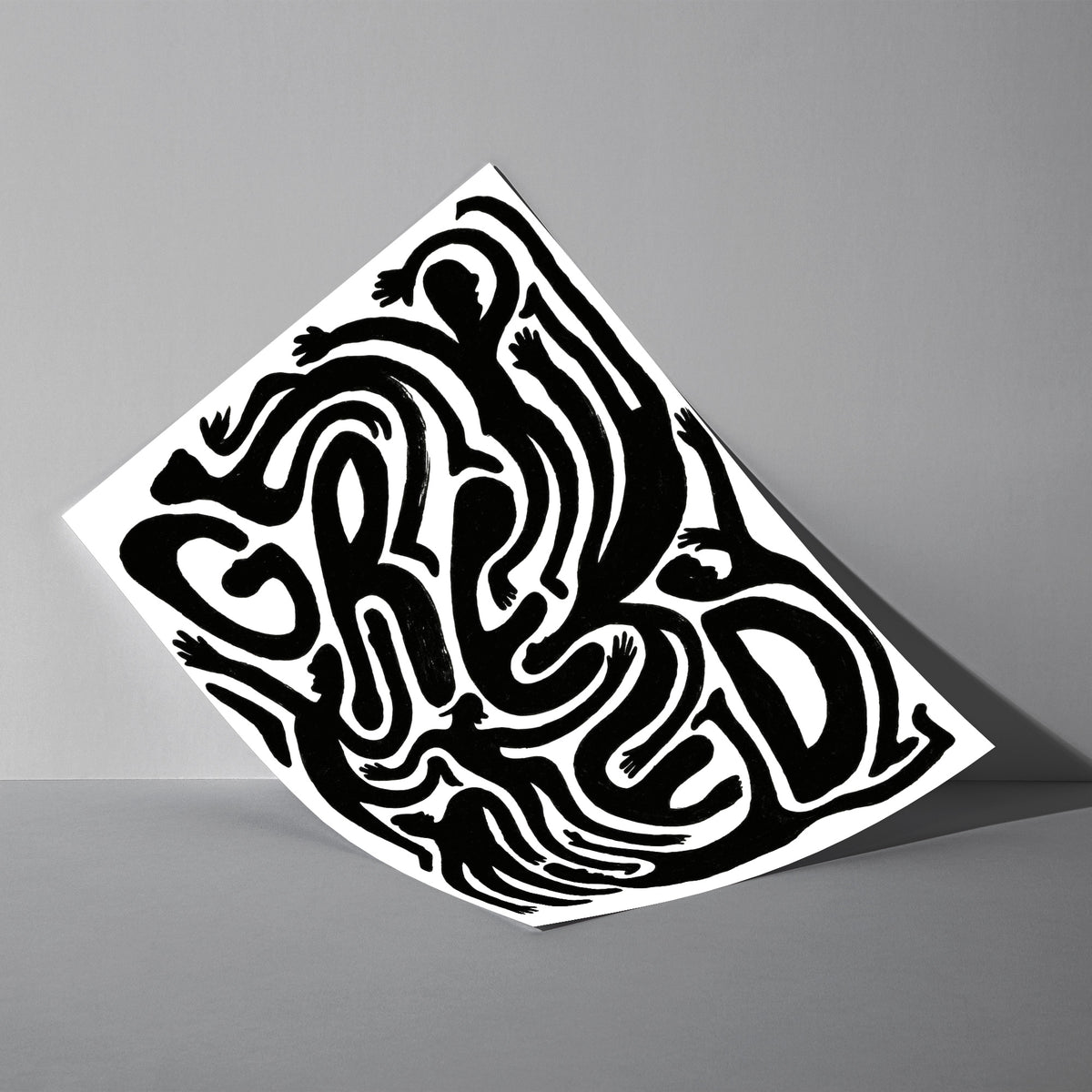 Greed - Menschliche Typografie Poster, als ungerahmtes Blatt an eine Wand gelehnt