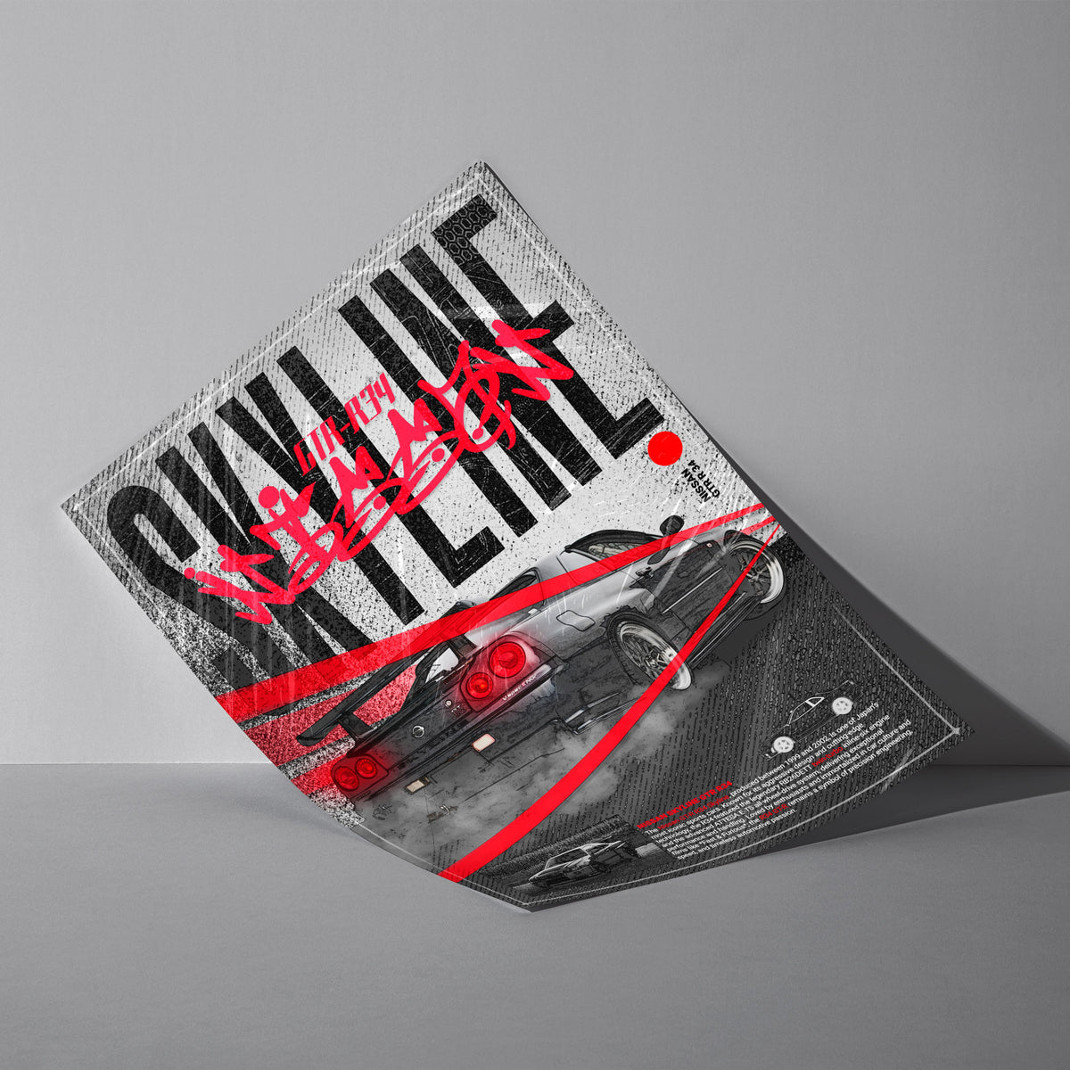 JDM Legende - GTR R34 Skyline Poster, als ungerahmtes Blatt an eine Wand gelehnt