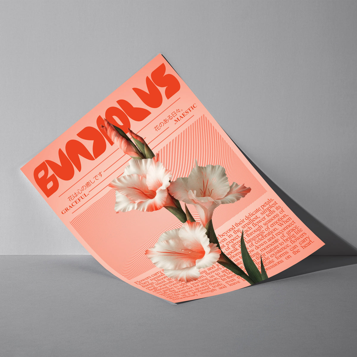 Moderne Botanik - Rosa Gladiole Poster, als ungerahmtes Blatt an eine Wand gelehnt
