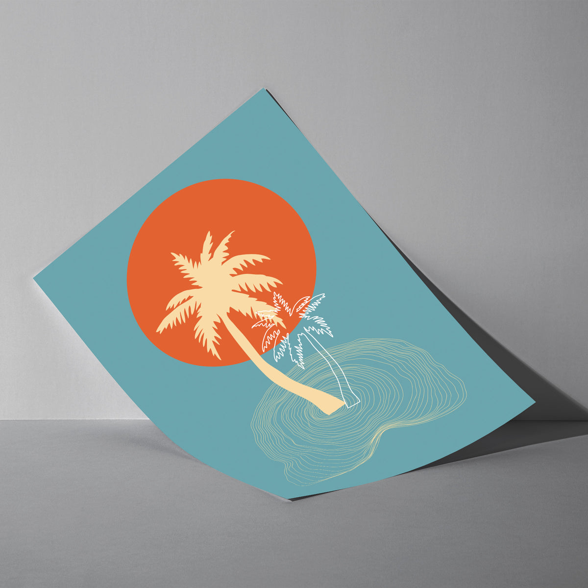 Oranger Traum - Palmen-Sonnenuntergang Poster, als ungerahmtes Blatt an eine Wand gelehnt