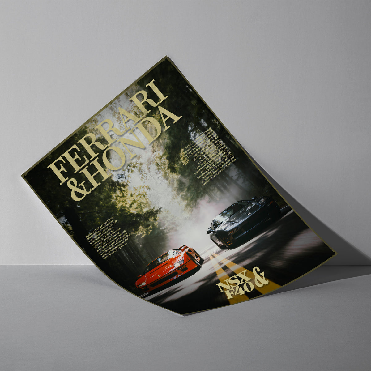 Rivalen der Strasse - Ferrari F40 x Honda NSX Poster, als ungerahmtes Blatt an eine Wand gelehnt