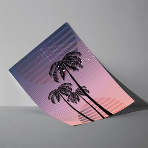 Vaporwave Palmen - Neon Sonnenuntergang Poster, als ungerahmtes Blatt an eine Wand gelehnt