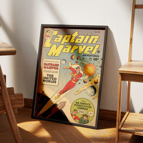 Captain Marvel Adventures No. 98 poster, leaning on the floor beside a chair