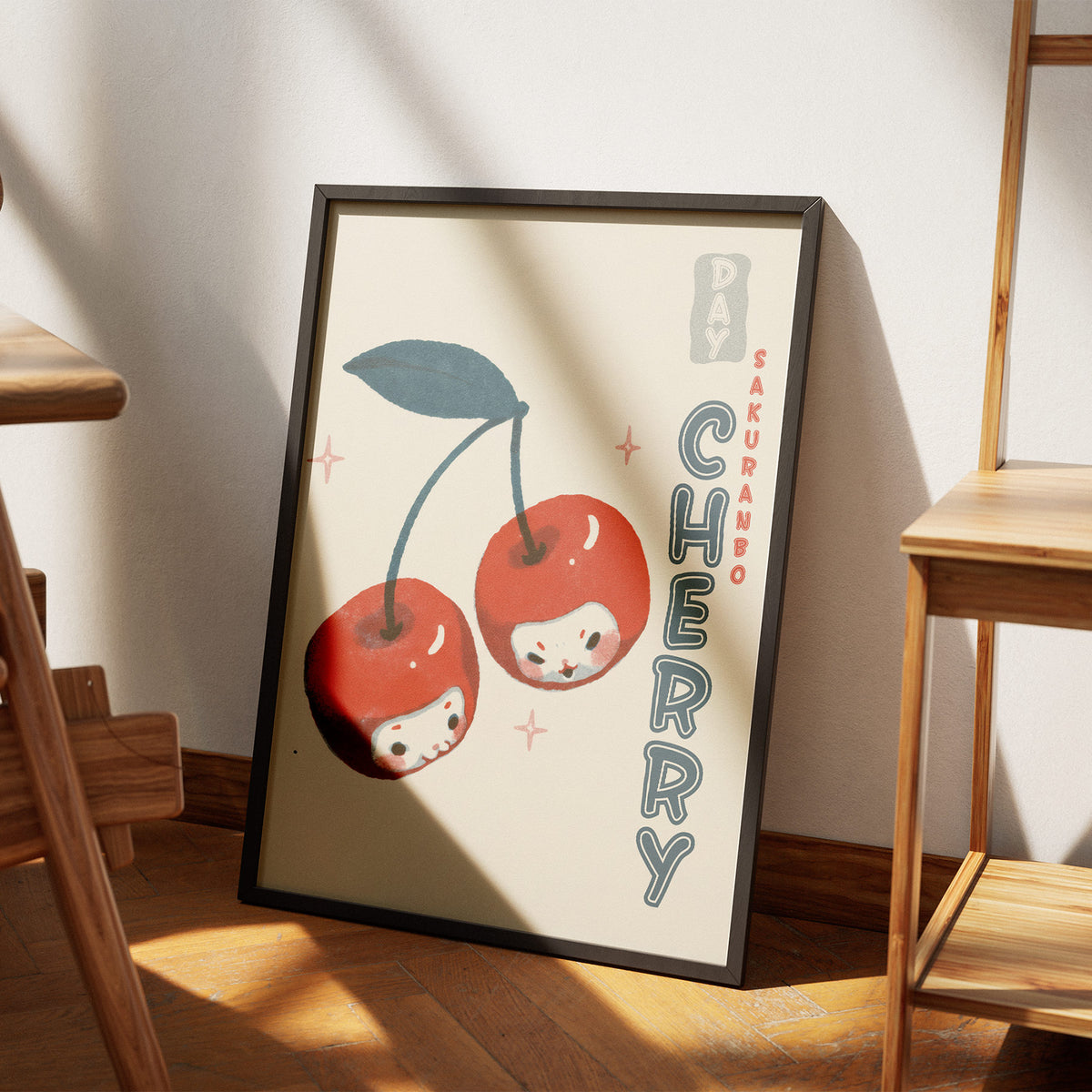 Kirschen Tag - Kawaii Sakuranbo Poster, am Boden neben einem Stuhl angelehnt