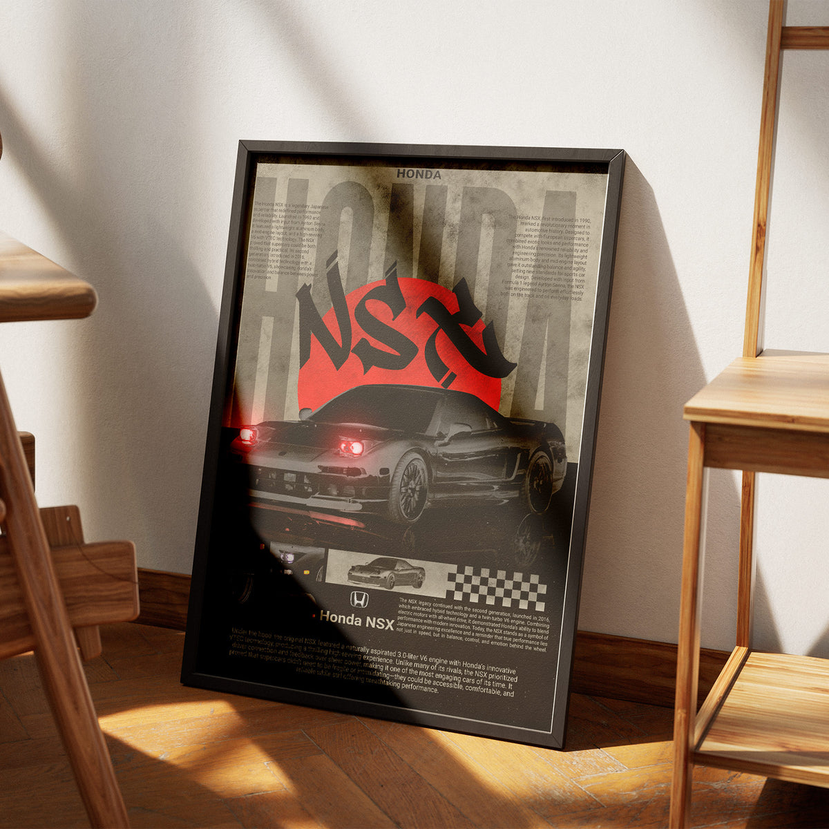 Japanischer Supersportwagen - Honda NSX Poster, am Boden neben einem Stuhl angelehnt