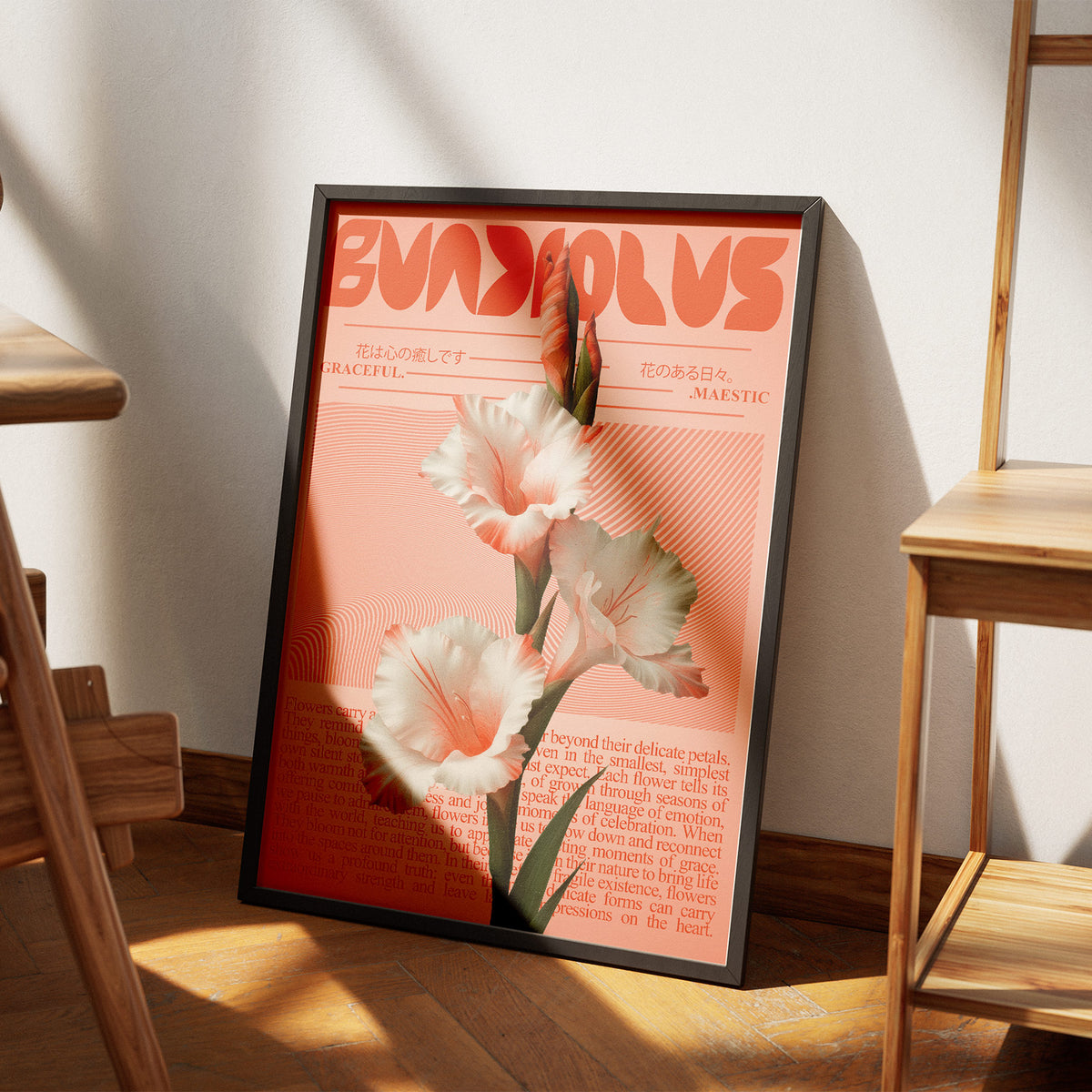 Moderne Botanik - Rosa Gladiole Poster, am Boden neben einem Stuhl angelehnt