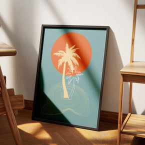 Oranger Traum - Palmen-Sonnenuntergang Poster, am Boden neben einem Stuhl angelehnt