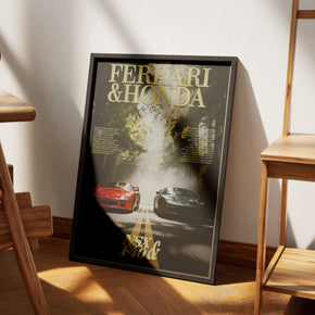 Rivalen der Strasse - Ferrari F40 x Honda NSX Poster, am Boden neben einem Stuhl angelehnt
