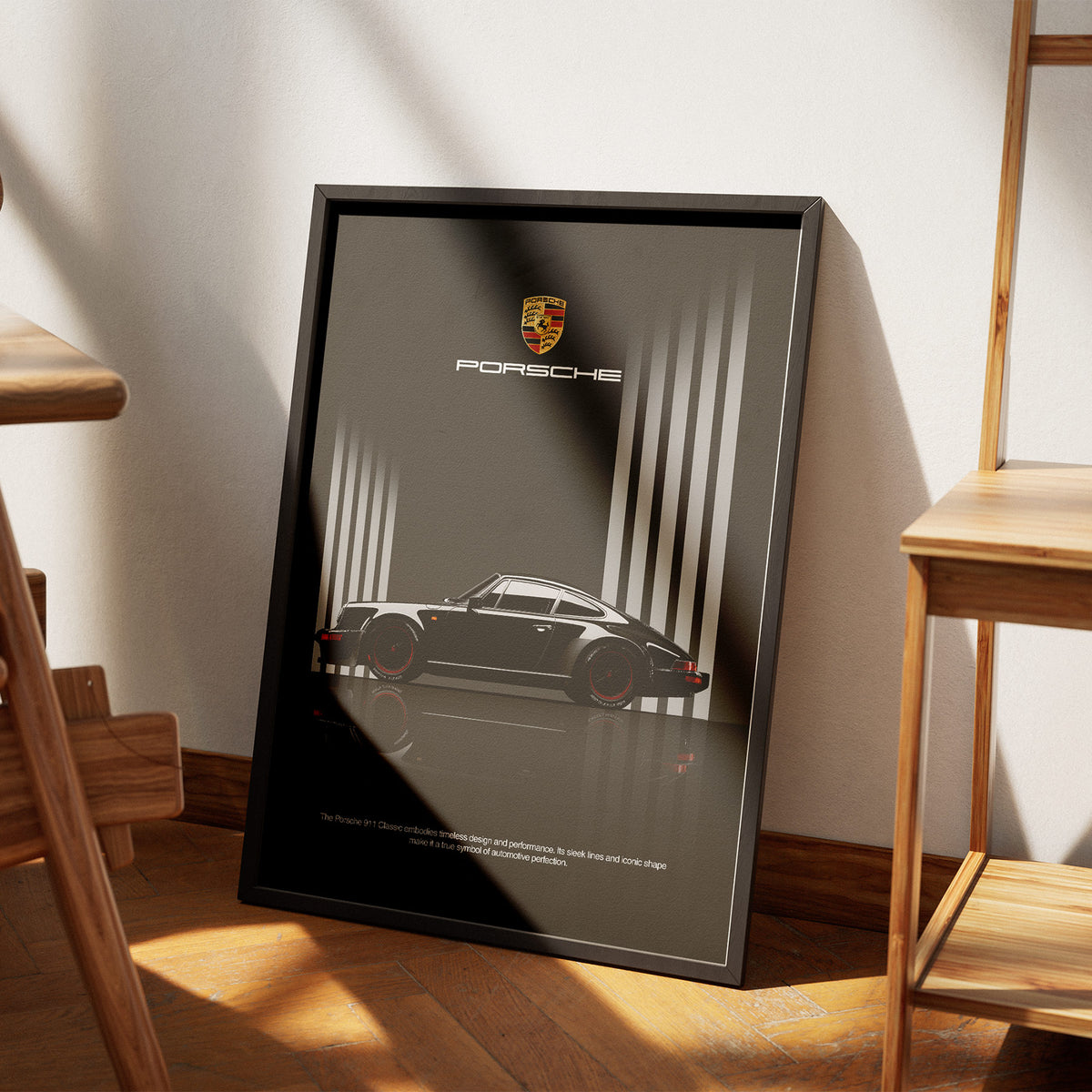 Zeitlose Ikone - Der klassische Elfer Poster, am Boden neben einem Stuhl angelehnt