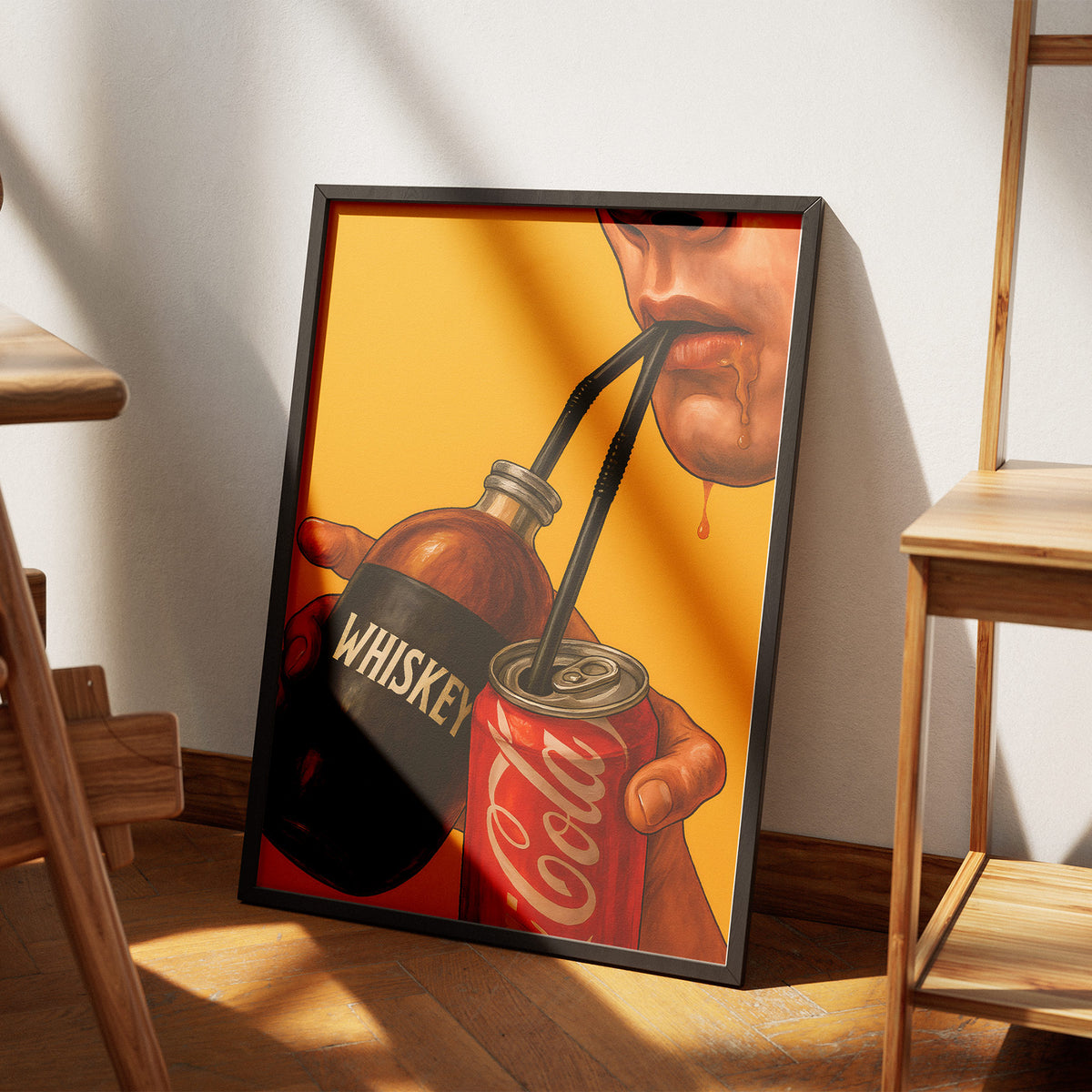 Whiskey & Cola - Durstlöscher Poster, am Boden neben einem Stuhl angelehnt