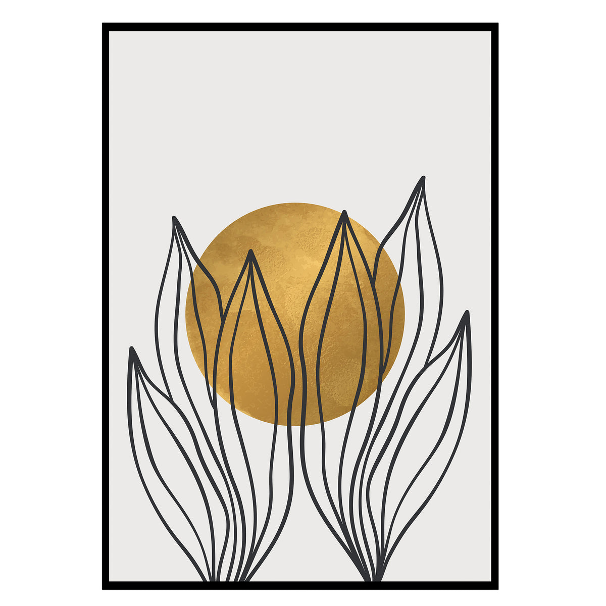 Abstrakte Gartenarbeit - Goldene Sonne Poster, Nahaufnahme des Drucks im schmalen schwarzen Rahmen