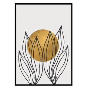 Abstrakte Gartenarbeit - Goldene Sonne Poster, Nahaufnahme des Drucks im schmalen schwarzen Rahmen