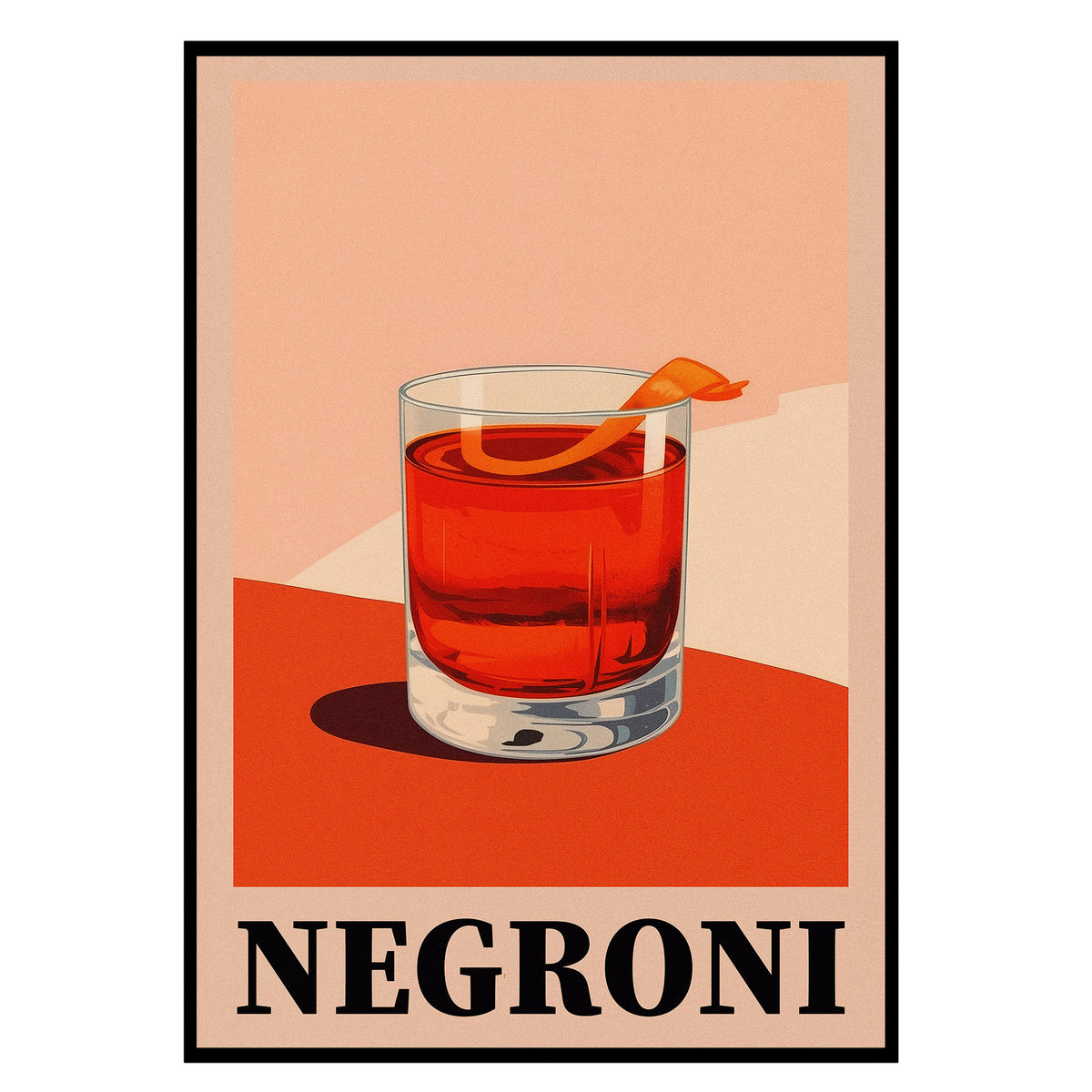 Aperitivo Zeit - Kühler Negroni Poster, Nahaufnahme des Drucks im schmalen schwarzen Rahmen