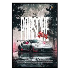 Performance auf Asphalt - Porsche GT3 RS Poster, Nahaufnahme des Drucks im schmalen schwarzen Rahmen